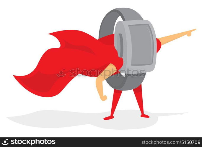 Cartoon illustration of super hero smart watch saving the day