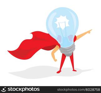 Cartoon illustration of super idea hero or light bulb with cape