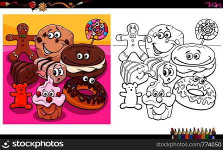 Cartoon Illustration of Sweet Food Characters Group Coloring Book Worksheet
