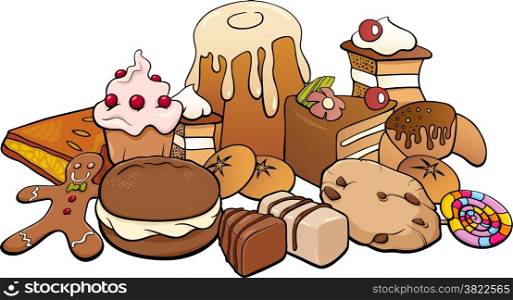 Cartoon Illustration of Sweet Food like Cakes and Cookies