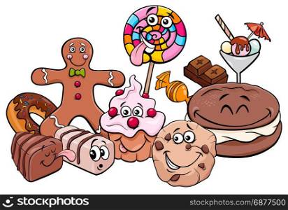 Cartoon Illustration of Sweet Food like Cakes and Cookies Characters