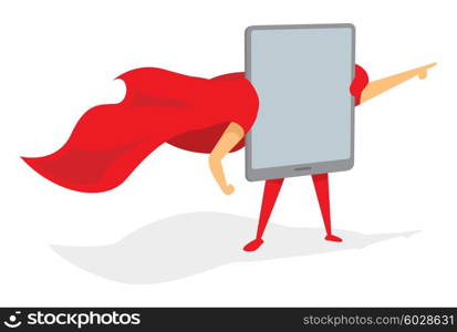 Cartoon illustration of tablet super hero standing with cape