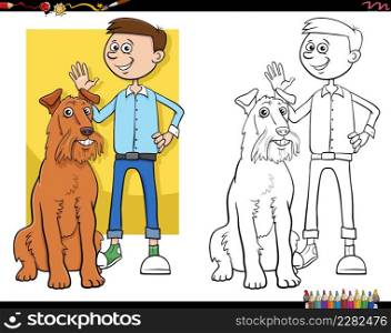 Cartoon illustration of teen boy with his dog coloring book page