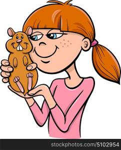 Cartoon Illustration of Teen Girl with Hamster Pet