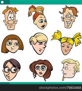 Cartoon Illustration of Teenagers Girls and Boys Faces Set