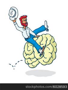 Cartoon illustration of texan cowboy riding a wild brain in mind rodeo