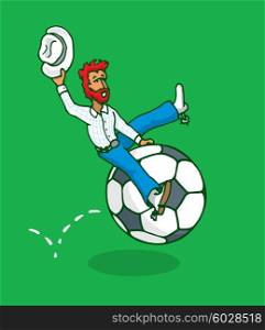 Cartoon illustration of texan riding a soccer ball or rodeo