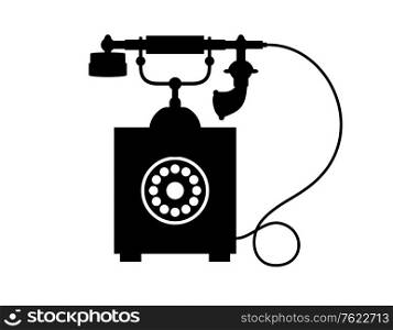 Cartoon illustration of the black silhouette of an old vintage telephone with a dial and handset on a cradle