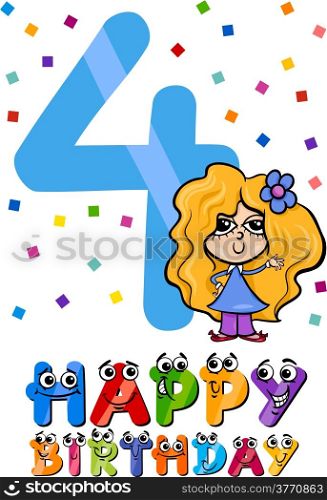 Cartoon Illustration of the Fourth Birthday Anniversary Design for Girls