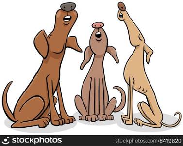Cartoon illustration of three dogs animal characters howling or barking
