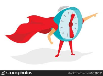 Cartoon illustration of time super hero or alarm clock with cape