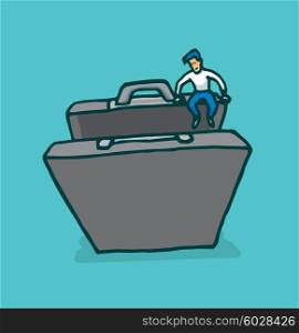 Cartoon illustration of tiny man engaging new business in suitcase or portfolio