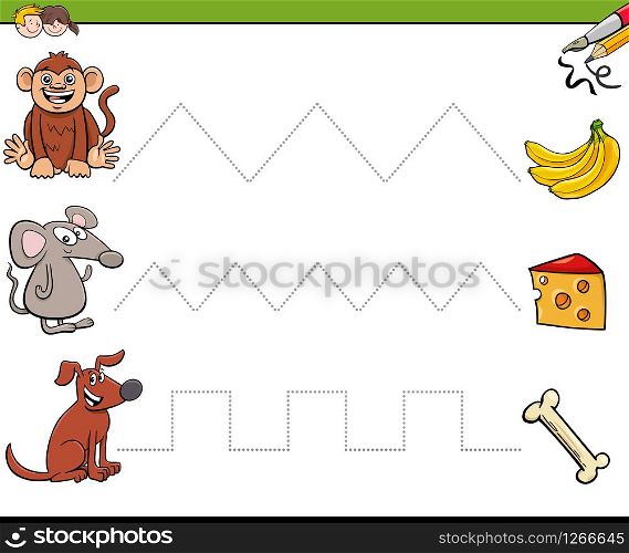 Cartoon Illustration of Trace Lines Writing Skills Practice for Preschool and Elementary Age Children
