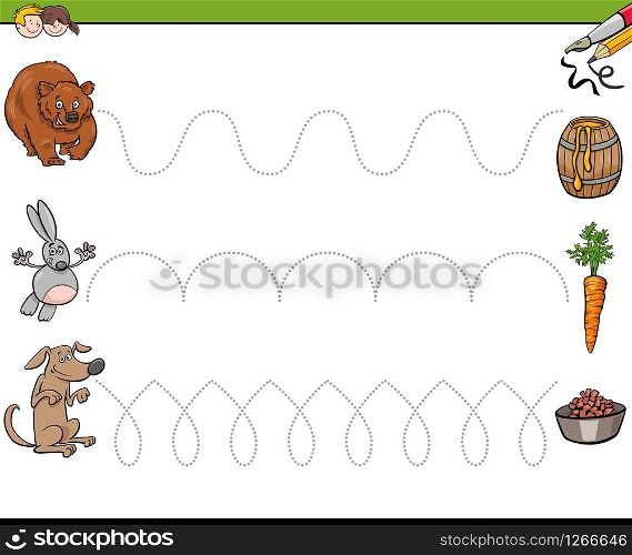 Cartoon Illustration of Tracing Lines Writing Skills Practice for Preschool and Elementary Age Children
