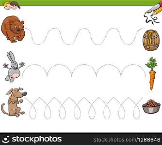 Cartoon Illustration of Tracing Lines Writing Skills Practice for Preschool and Elementary Age Children