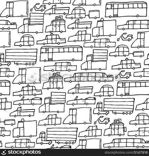 Cartoon illustration of traffic jam cars seamless texture for coloring