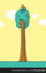 Cartoon illustration of tree hugger enjoying nature sitting on top