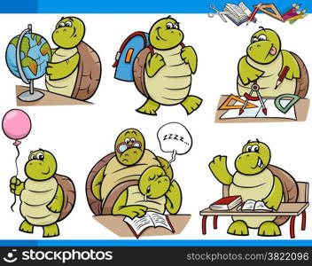 Cartoon Illustration of Turtle Animal Character School Student Set