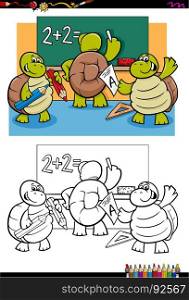 Cartoon Illustration of Turtles Animal Characters at School Coloring Book Activity