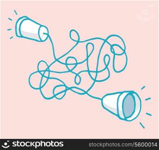 Cartoon illustration of two cups joined by a chaotic string for complex communication