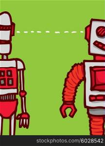 Cartoon illustration of two different robots communication sharing information or connecting