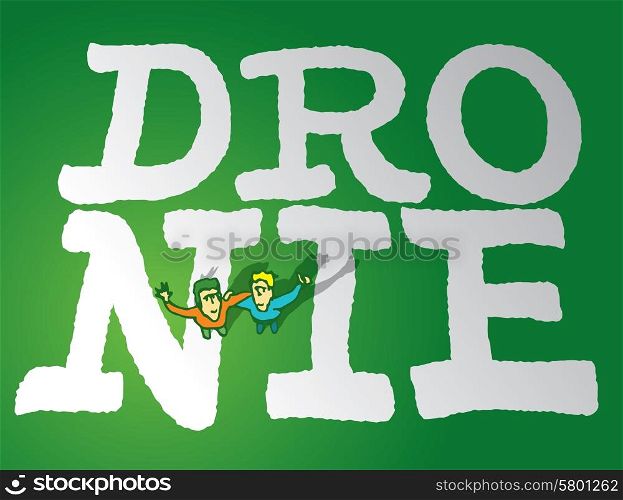 Cartoon illustration of two friends hugging while taking a dronie or photograph from air drone