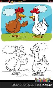 Cartoon illustration of two hens or chickens talking coloring book page