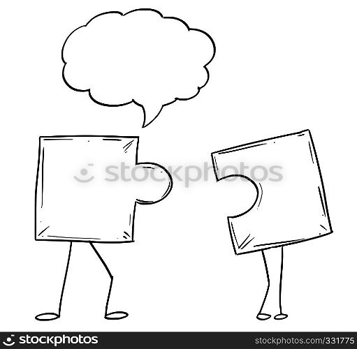 Cartoon Illustration of two jigsaw puzzle piece male and female characters matching together. There is empty speech bubble for your text. Metaphor of heterosexual relationship or business concept of problem solution.. Cartoon Drawing of Two Jigsaw Puzzle Piece Characters Matching Together
