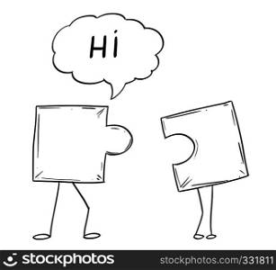 Cartoon Illustration of two jigsaw puzzle piece male and female characters matching together. Metaphor of heterosexual relationship or business concept of problem solution.. Cartoon Drawing of Two Jigsaw Puzzle Piece Characters Matching Together