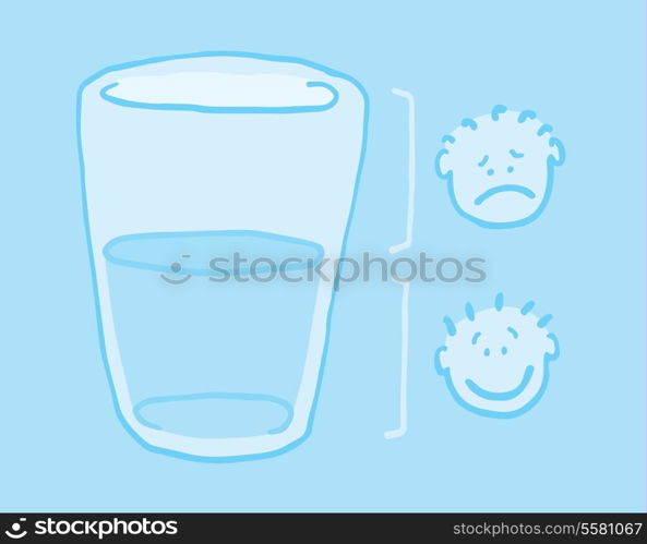 Cartoon illustration of two people looking at the glass half full and half empty