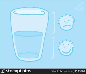 Cartoon illustration of two people looking at the glass half full and half empty