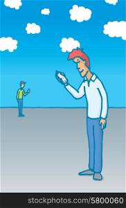Cartoon illustration of two people using their mobile phone or smartphone
