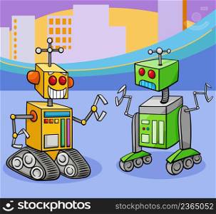 Cartoon illustration of two robots comic characters talking