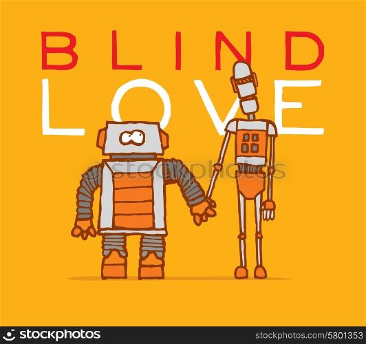 Cartoon illustration of two robots in love holding hands