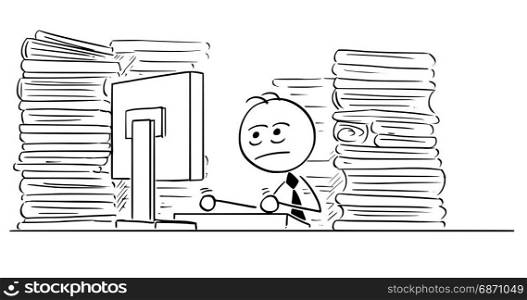 Cartoon illustration of unhappy tired stick man businessman, manager,clerk working on computer in office with files all around.