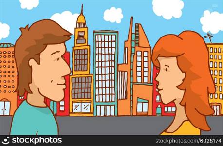 Cartoon illustration of urban love or couple meeting in colorful city