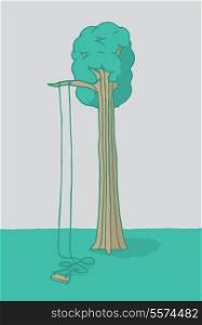 Cartoon illustration of useless rocking chair hanging from a tall tree