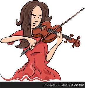 Cartoon Illustration of Violinist Woman or Beautiful Girl Playing the Violin Instrument