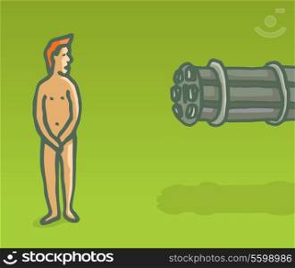 Cartoon illustration of vulnerable naked newbie being aimed by machine gun
