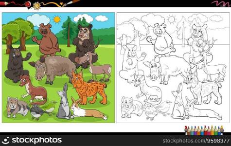 Cartoon illustration of wild animal characters group coloring page