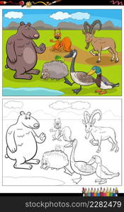 Cartoon illustration of wild animals comic characters group coloring book page
