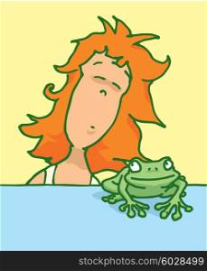 Cartoon illustration of woman kissing a frog wishing for prince
