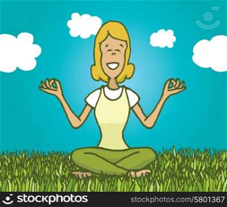 Cartoon illustration of woman practising yoga and meditating outdoors feeling nature
