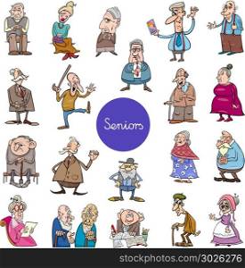 Cartoon Illustration of Women and Men Senior Characters Large Set