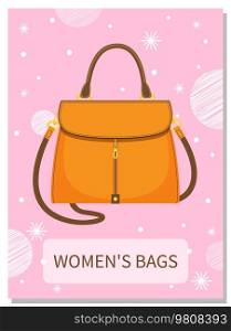 Cartoon illustration of women bag vector icon on blue background, poster with stylish handbag. Ladies handbag in flat style. Elegant ladies bright leather bag, female accessories with handles. Cartoon illustration of women bag vector icon on blue background, poster with stylish handbag