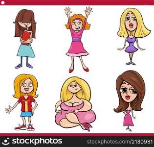 Cartoon illustration of women comic characters set