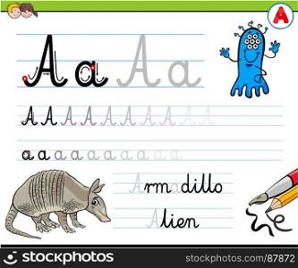 Cartoon Illustration of Writing Skills Practice with Letter A Worksheet for Preschool and Elementary Age Children