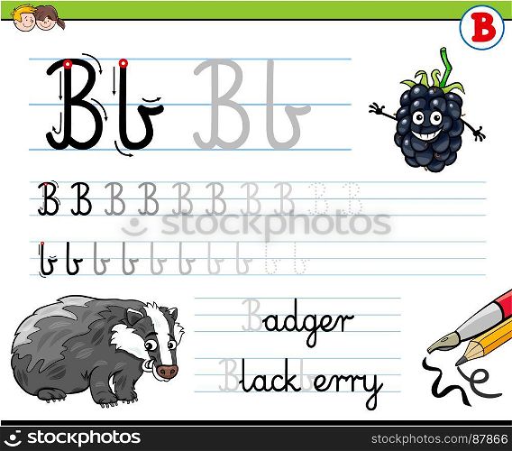 Cartoon Illustration of Writing Skills Practice with Letter B Worksheet for Preschool and Elementary Age Children
