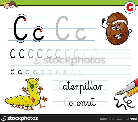 Cartoon Illustration of Writing Skills Practice with Letter C Worksheet for Preschool and Elementary Age Children