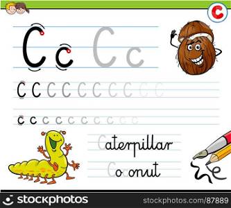 Cartoon Illustration of Writing Skills Practice with Letter C Worksheet for Preschool and Elementary Age Children